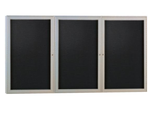 INTERIOR WALL DISPLAYS Enclosed Bulletin Board with Locking Doors Enclosed Fabric Tackboard w/ Three Doors & Satin Aluminum Frame (6 W x 4 H): silver with black tackboard.
