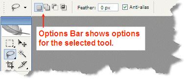 Using the tool options bar Below Photoshop s menu bar is the tool options bar: The Options Bar is where you adjust settings for the currently active tool.