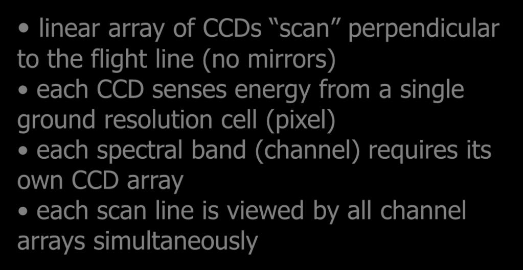 ALONG-TRACK SCANNING OPERATION linear array of CCDs scan perpendicular to the flight line (no mirrors) each CCD senses energy from a single