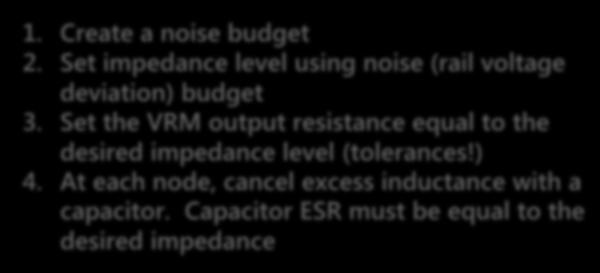Four Step Design Process to Flat Impedance 1. Create a noise budget 2. Set impedance level using noise (rail voltage deviation) budget 3.