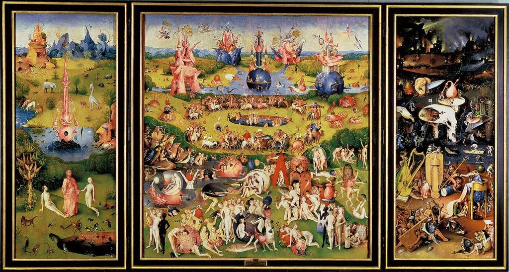 Artist: Hieronymus Bosch Title: Garden of Earthly Delights Medium: Oil on wood panel Size: center panel 7'2½" X 6'4¾" (2.20 X 1.95 m), each wing 7'2½" X 3'2" Date: c.