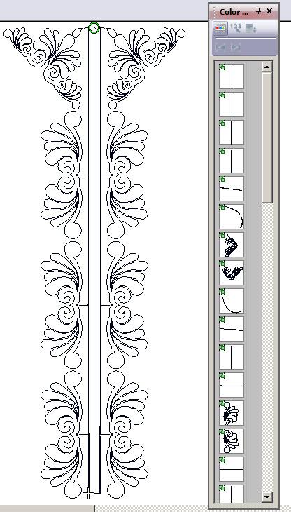 Then the designs were aligned on each side with lines digitized to jump in and out of the designs and the vertical lines were used for traveling to keep the design