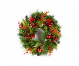 (800) 288-9627 Top Selling GT Showroom Items Wreaths Hampton Wreath with Berries, Pine Cones and Red Ornaments Upscale, festive wreath with mixed lifelike greens, pine cones, red berries, and shiny