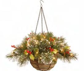 Wintery Pine hanging basket comes with 11 pine cones and 35 warm white, battery-operated LED lights with timer. Green. Tips N09 WP138820HB 20" Dia.