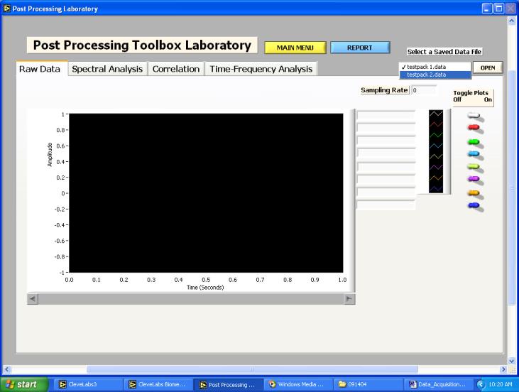 After you log in, click on the Post Processing Toolbox laboratory session from the All Labs menu. This toolbox will list of all your saved data files as a drop down selection box.