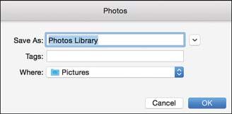 20 Chapter 2 Importing Your Photos Create a Library 1 1. After launching Photos for the first time, click the Get Started button to open the Choose Library screen. 2. Click the Create New button.