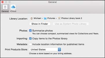 30 Chapter 2 Importing Your Photos 1 1. Select Photos, Preferences. 2 2. On the General tab of the Preferences, click the Show in Finder button.