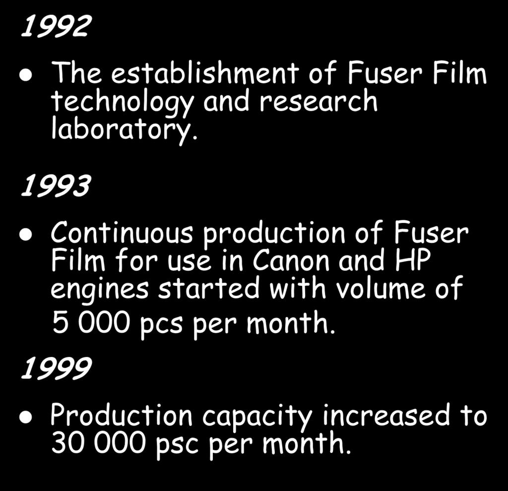 Company s history 1992 The establishment of Fuser Film technology