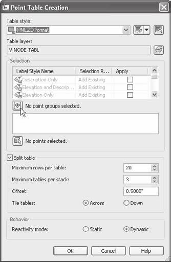 84 Chapter 5: Points 3. Click the Select Point Group button. The Point Groups dialog appears as shown in Figure 5.25 4. Choose the Stakeout Points group. Click OK. 5. In the Point Table Creation dialog, click OK.