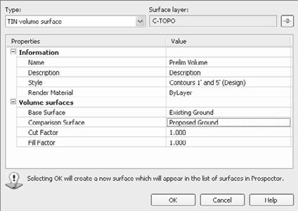 126 Chapter 7: Surfaces 9. Select Proposed Ground and then click OK to dismiss the Select Comparison Surface dialog. Your Create Surface dialog should now look like Figure 7.26. If you have Cut and Fill factors, input them here to use those factors in your analysis.