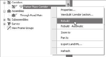 196 Chapter 11: Sections Figure 11.35 Rebuild the corridor to update the quantities. 9. Locate the Parker Place Corridor entry on the Prospector.