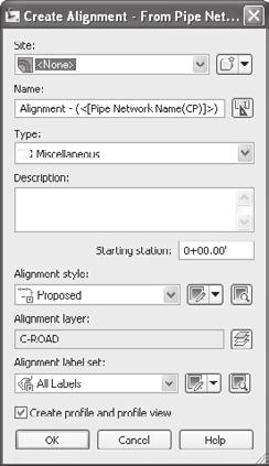 Creating an Alignment from Storm Drainage Network Parts 225 5. In the Create Alignment - From Pipe Network dialog, leave all of the default settings and click OK. 6.