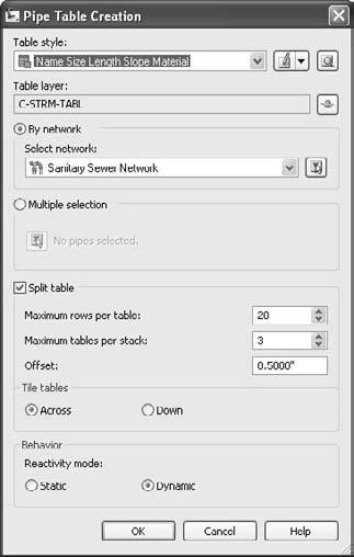 Editing a Pipe Network 231 2. From the Annotate tab and Labels & Tables panel on the ribbon, choose Add Tables Pipe Network Add Pipe. The Pipe Table Creation dialog will appear. 3.