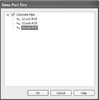 234 Chapter 13: Pipes Figure 13.30 The Swap Part Size dialog 4. Select Pipe D. Make sure you select the pipe and not the alignment.