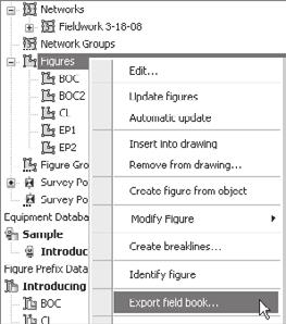 260 Appendix: More Exercises for Exploring AutoCAD Civil 3D 2010 Figure A.17 The Create Figure from Object dialog Figure A.18 The new figure is shown on the Survey tab of the Toolspace. Figure A.19 Right-click the desired network entry and choose Export Field Book.