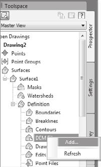 Surfaces 271 Figure A.36 Civil 3D coordinate settings for DEM import 3. In Prospector, right-click the Surfaces collection and select the Create Surface option. The Create Surface dialog appears. 4.