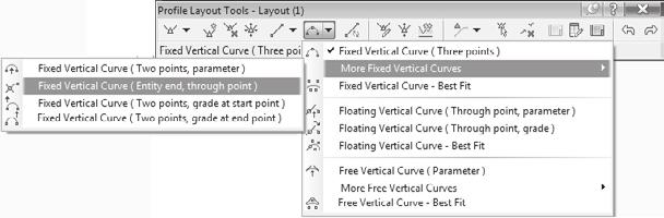 57 The Fixed Vertical Curve (Entity End, Through Point) tool on the Profile Layout Tools toolbar 11.