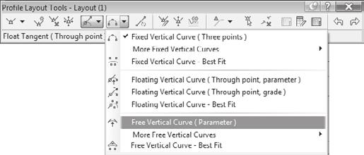 Click the down arrow next to the tool labeled Draw Fixed Parabola Tangential to End of an Entity and Passing through a Point, and then select the Free Vertical Curve (Parameter)