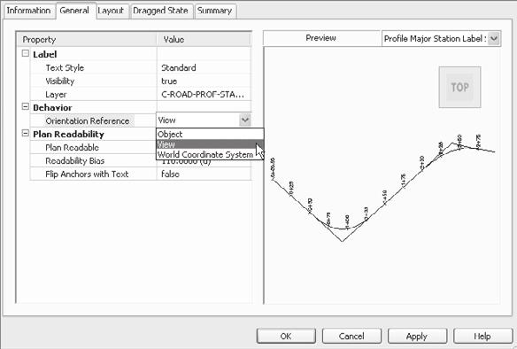 On the General tab, change the value of the Orientation Reference to View, as shown in Figure A.65. 8. Click OK to close the Label Style Composer dialog.