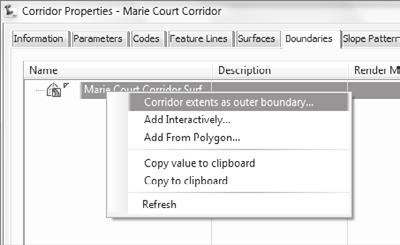 292 Appendix: More Exercises for Exploring AutoCAD Civil 3D 2010 Figure A.81 The corridor is rebuilt to reflect the new baselines, regions, targets, and frequencies. Figure A.82 Select the surface entry, right-click, and choose Add Interactively.