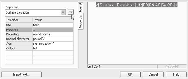 18 Chapter 1: Welcome to the Civil 3D Environment Figure 1.21 The Text Component Editor has two areas: the Properties area on the left and an entry area on the right. 7.