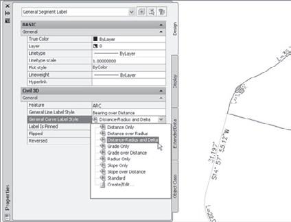 52 Chapter 3: Lines and Curves Figure 3.14 The AutoCAD Properties dialog showing the curve label pull-down menu Figure 3.15 A curve label in dragged state 8.