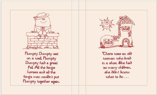 Embroider cover and pages as desired, within the marked lines, with the Redwork Nursery Rhymes embroidery designs you desire.