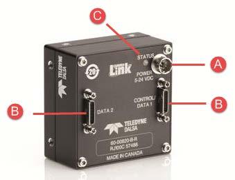 The following figure of the Linea CL back end shows connector and LED locations. See the Mechanical Specifications section for details on the connectors and camera mounting dimensions.