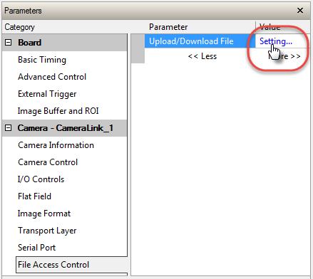 File Access via the CamExpert Tool In the File Access Category, click on the Setting button to open the File Access Control dialog.