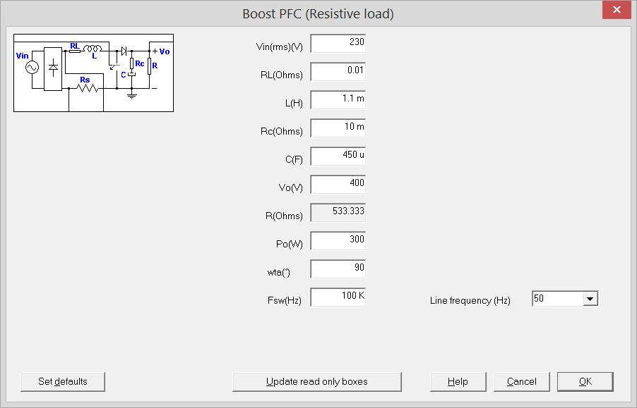 Select the plant as Boost PFC (Resistive load) for boost PFC converter with the current loop and the voltage loop. Complete the parameters in the corresponding input data window (Figure 8).