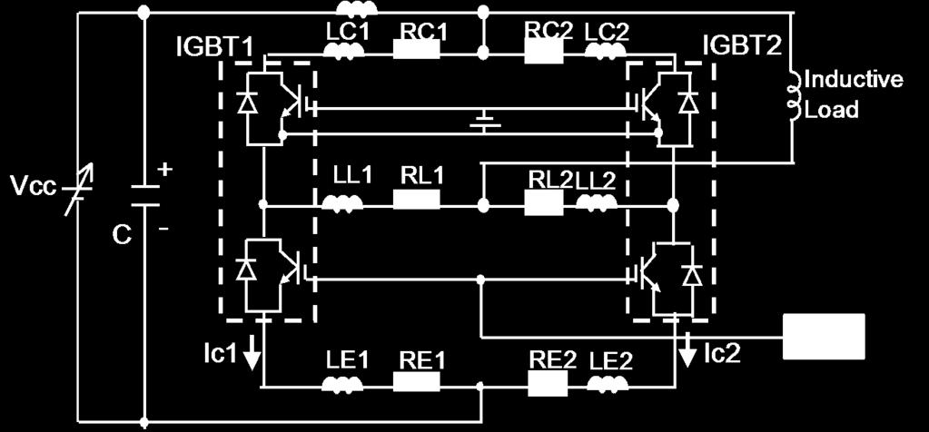 Fig. 8-7 Equivalent circuit with parallel-connected 2in1 modules (Make the wiring RC1=RC2, RL1=RL2, RE1=RE2 LC1=LC2, LL1=LL2, LE1=LE2) VGE c1=1530a (2%upper) Conditions Vcc=1200V, c=3000a,