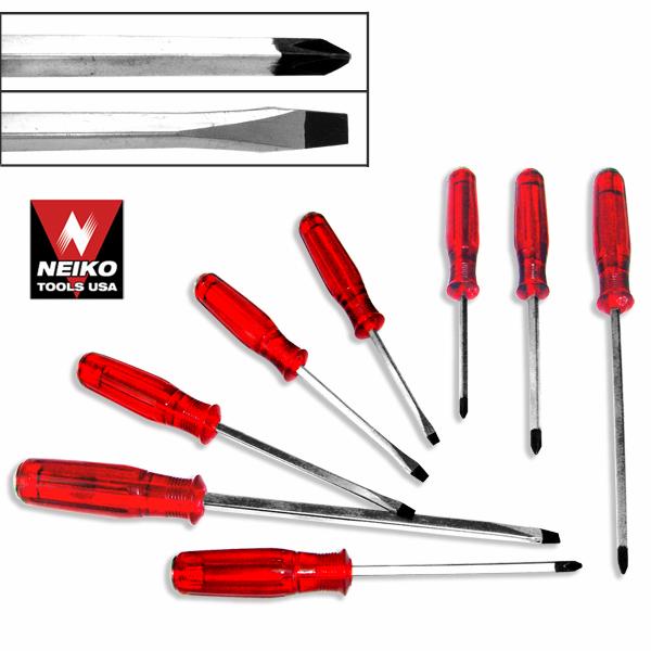 8 PC. GO-THROUGH SCREWDRIVERS Known as go-through screwdrivers because the shafts go all the way through the ABS plastic handles and are capped with a round metal head on top of the screwdriver.