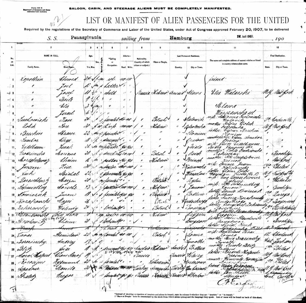 New York Passenger Lists, 1820-1957 August 9, 1907 Name: Chaim Staschewitz Arrival Date: 9 Aug 1907 Birth Year: abt 1887 Birth Location: Russia