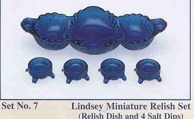 ) Unmarked Colors:, and Gold Krystal Mosser Glass Item Set 7 Lindsey Miniature Relish Set (Original Mosser Mold) (Discontinue in 2003) Size: Salt 1 Dia, 1/2 High