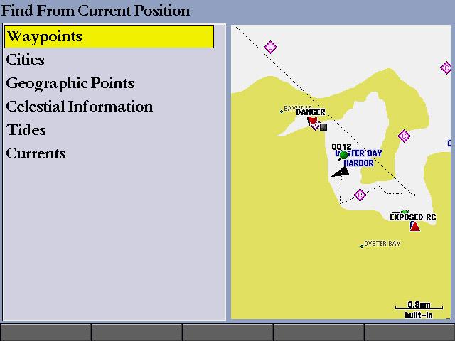 Basic Operation > Finding an Item Finding an Item Press FIND to search for items including waypoints, cities, geographic points, celestial information, tides, and currents.