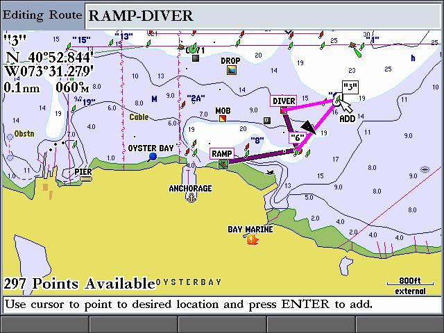Basic Operation > Creating and Using Routes 4. Use the ROCKER to drag the map pointer to the location where you want to add a route point. 5. Press ENTER to add the point to the route.