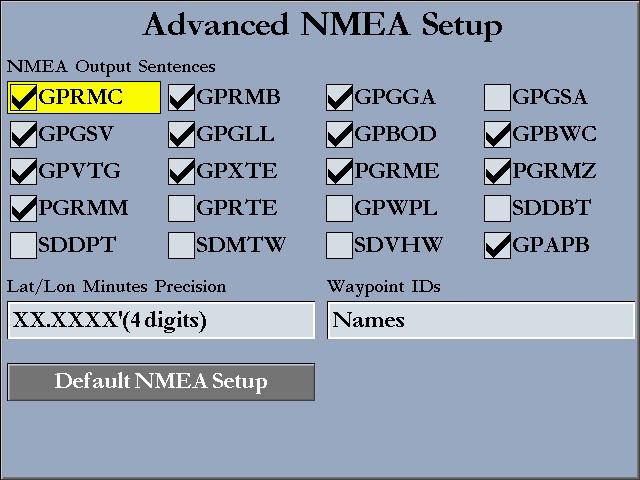 Main Menu > System Tab Use the Advanced NMEA Setup Page to turn the GPS status (GSA, GSV), Waypoint/Route (WPL, RTE), and the Garmin proprietary sentences on or off.