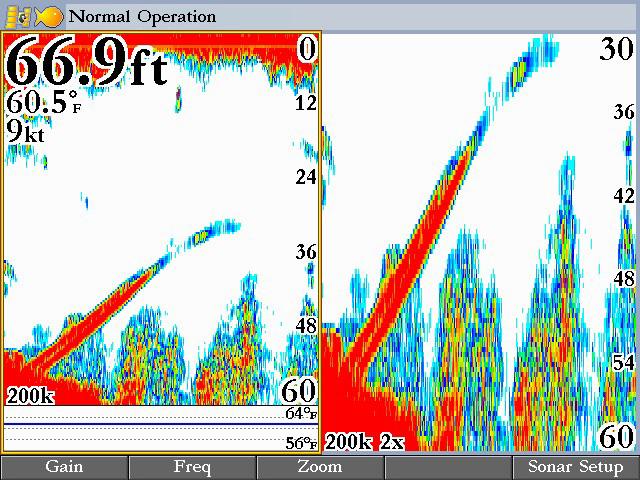 To view the Sonar Page: Press Page repeatedly until the Sonar Page appears. The sonar function window contains a right-to-left moving sonar image of the water beneath your boat.