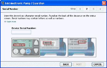 Kui valisite MiniMed 508 pump funktsiooni, liikuge edasi 9. punkti juurde. 7 Klõpsake NEXT (Järgmine). Kuvatakse Serial Number (Seerianumber) kuva.