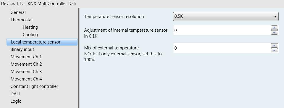 Figure 3 General parameter window The KNX MultiLight can be configured with or without motion- and temperature sensors.