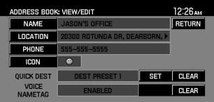 To set an Address Book entry as a destination preset, select the address book entry and select the view/edit button. Select the set button at the bottom of the screen adjacent to Quick Dest.