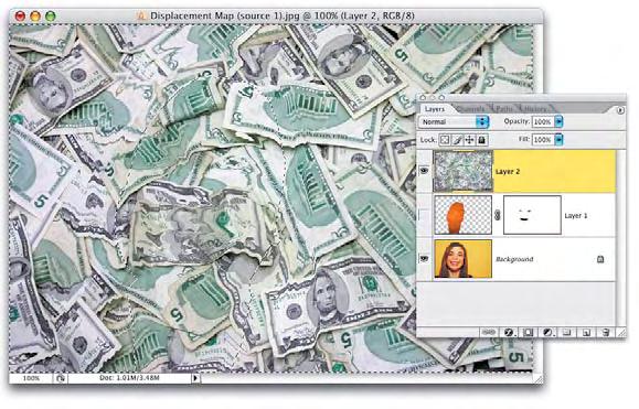 Step 14 ISTOCKPHOTO/BRANDON CLARK ONCE YOUR MAP AND SELECTION ARE SAVED, TRYING OTHER TEXTURE IMAGES IS EASY Open a second photo (in this case, an image of U.S. $5 bills) and drag it on top of the portrait document.