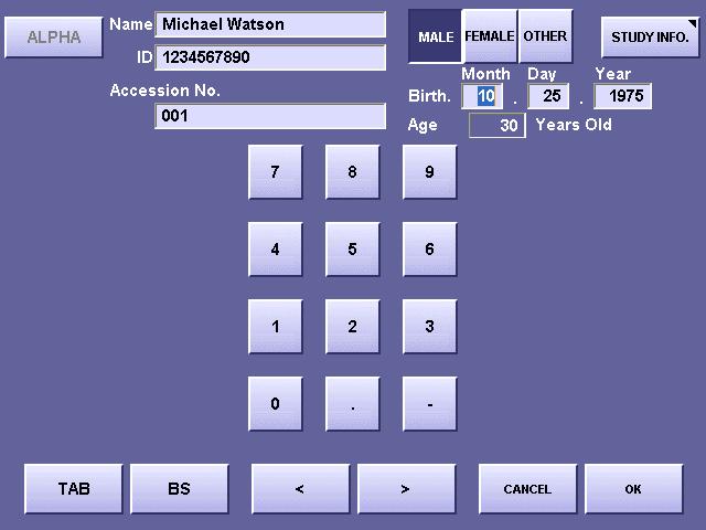 2. Taking an Image 6 Enter the patient s birth date. (Optional depending on the setting) Touch the Year, Month, and Day frames, and enter the patient's birth date.