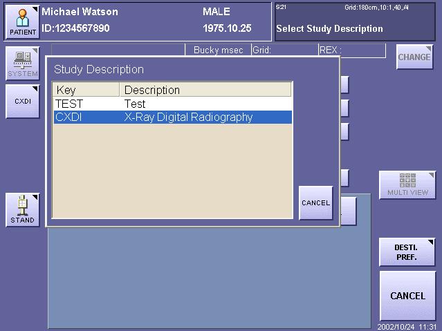 2. Taking an Image 9 Select the Study Description. Touch the Study Description button located on the left side of the screen. A window will open, so select a study description from the list.