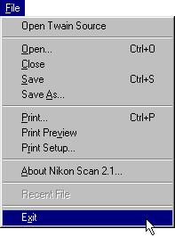 Step 12 Exit Nikon Scan Choose Exit from the File menu or click the close box at the top right corner of the Main window to close all Nikon Scan s windows and exit from Nikon Scan.