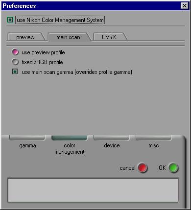 Main scan settings (output profile) The Main Scan sheet in the Color Management tab allows you to select the profile used when scanned images are transferred (output) to the host application (these