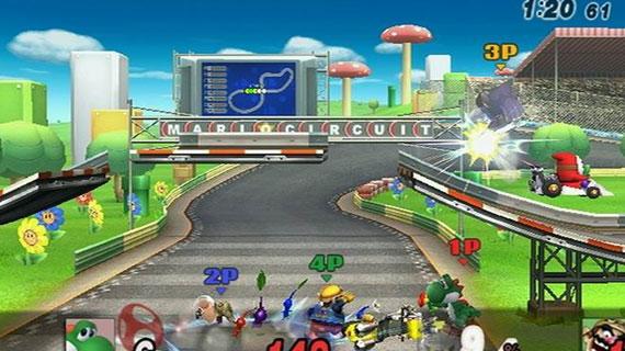 Special Attack Many stages have environmental dangers, like the karts on this Mario Kart stage. Another attack button that you have is the special attack.