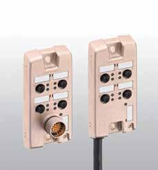 R M12 Distribution Boxes Die-Cast Housings for Increased Ruggedness Ports: 4-pole M12 receptacles Signals per Port: 1 or 2 Control Cable: Black PVC Control Connector: 12-pole M23 receptacle Materials