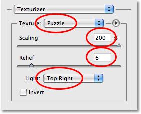 Step 8: Adjust The Texture Options With the Puzzle texture loaded, you should see that the Texture option in the Texturizer dialog box is now set to Puzzle.
