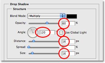 This brings up the Layer Style dialog box set to the Drop Shadow options in the middle column. Lower the Opacity of your drop shadow to around 60% so it s not quite so intense.